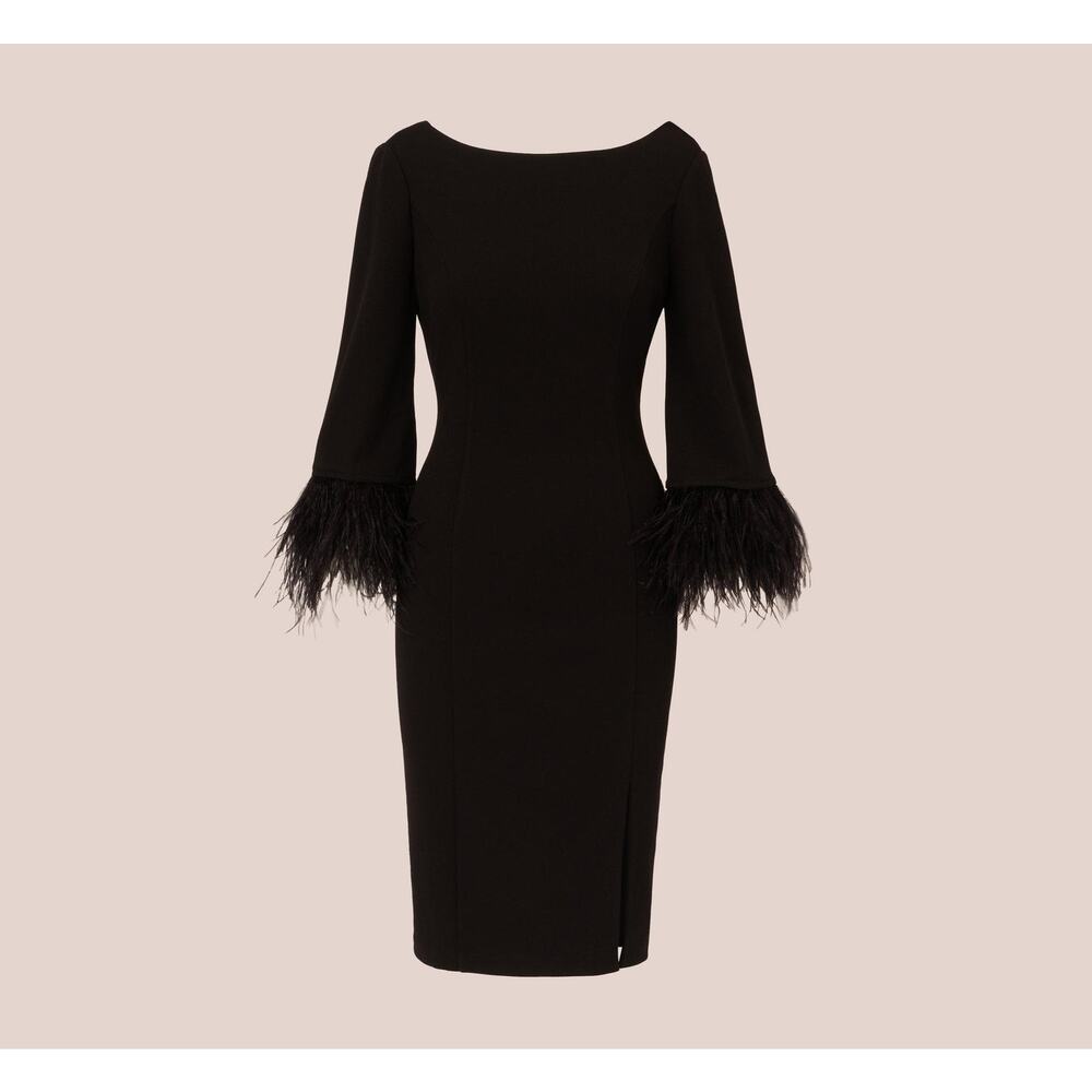 Adrianna Papell Sheath Dress V-Back Feather-Trim Sleeve Black Size 4 S Small